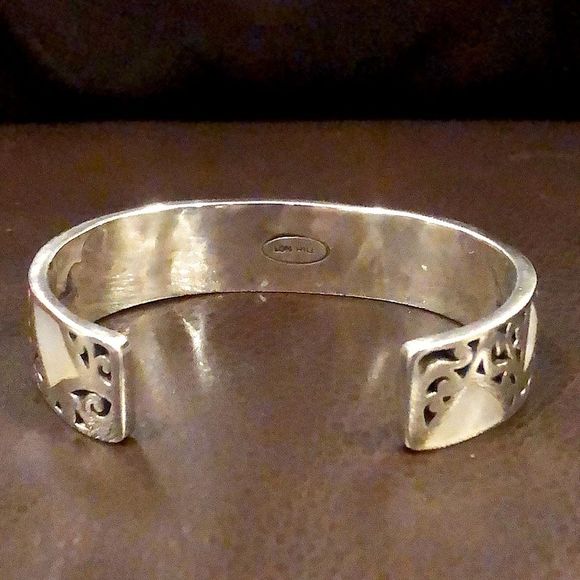 LOIS HILL Mother of Pearl Sterling Silver Cut Out Cuff Bracelet Thin Vintage - Picture 8 of 17